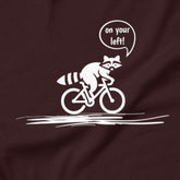 On Your Left Raccoon cycling t-shirt oxblood close-up funny bike design